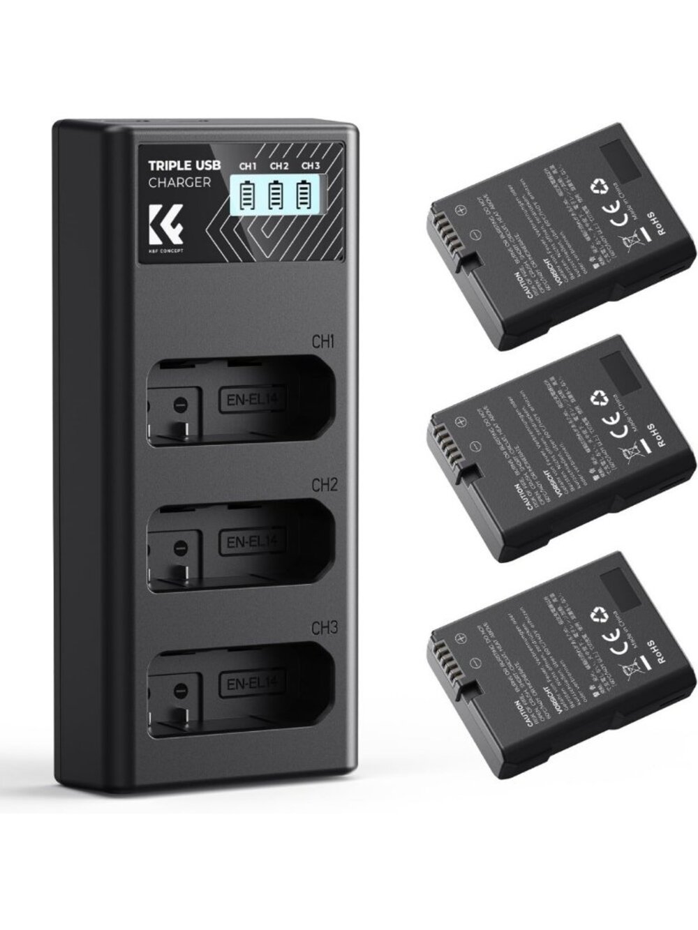 3-Pack EN-EL14 EN-EL14a Batteries & LCD Charger for Nikon Cameras D3100-D7500